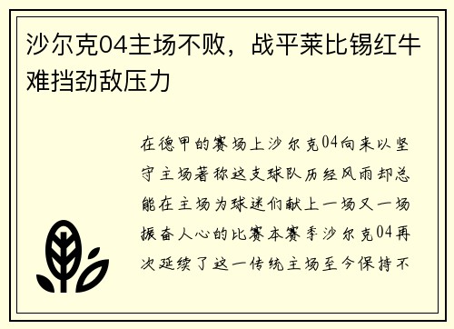 沙尔克04主场不败，战平莱比锡红牛难挡劲敌压力