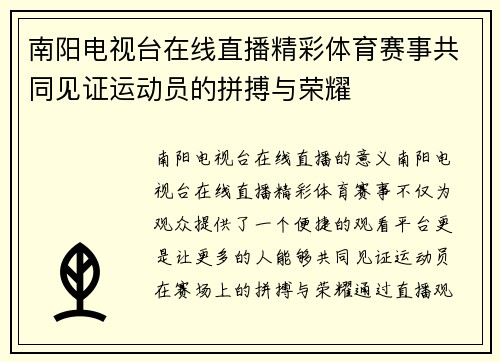南阳电视台在线直播精彩体育赛事共同见证运动员的拼搏与荣耀