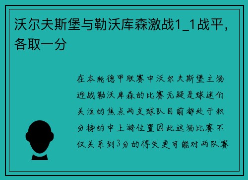 沃尔夫斯堡与勒沃库森激战1_1战平，各取一分